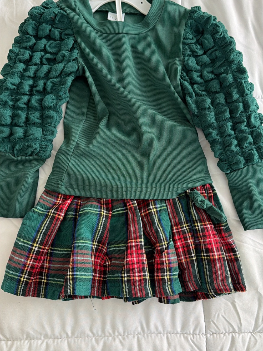 Dark Green Puff Sleeve Ribbed Top with Red & Green Plaid Skirt Set
